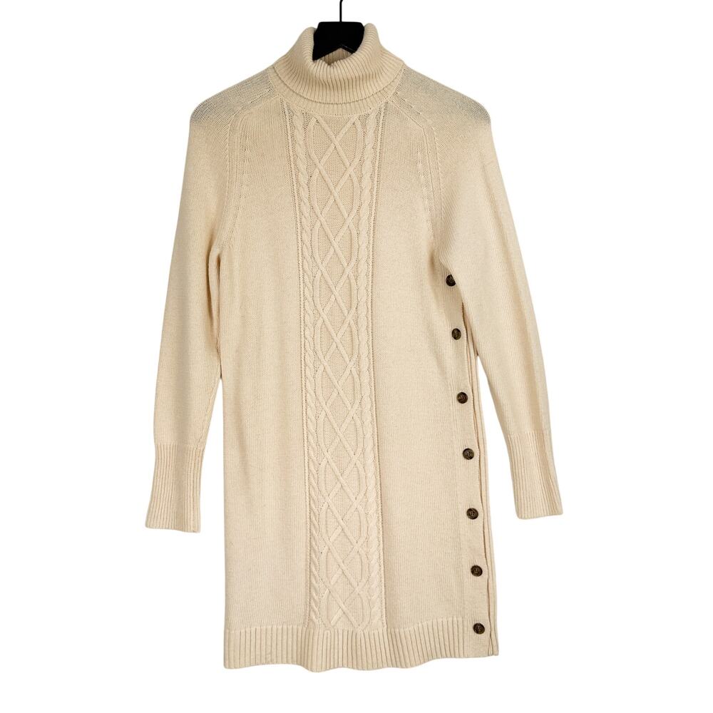 J.Crew Cable Knit Turtleneck Sweater Dress Mini Cream Wool Blend - M